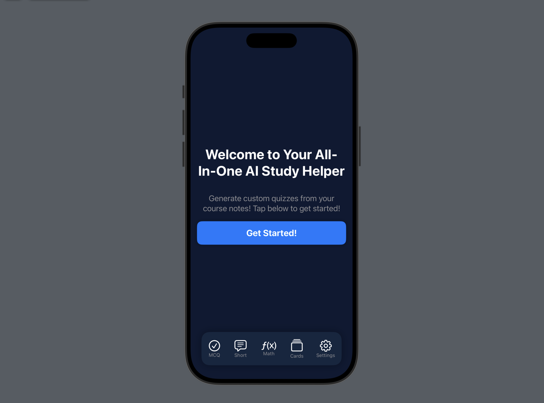 Welcome Page of AI Study Helper app on iPhone 16 Pro Simulator